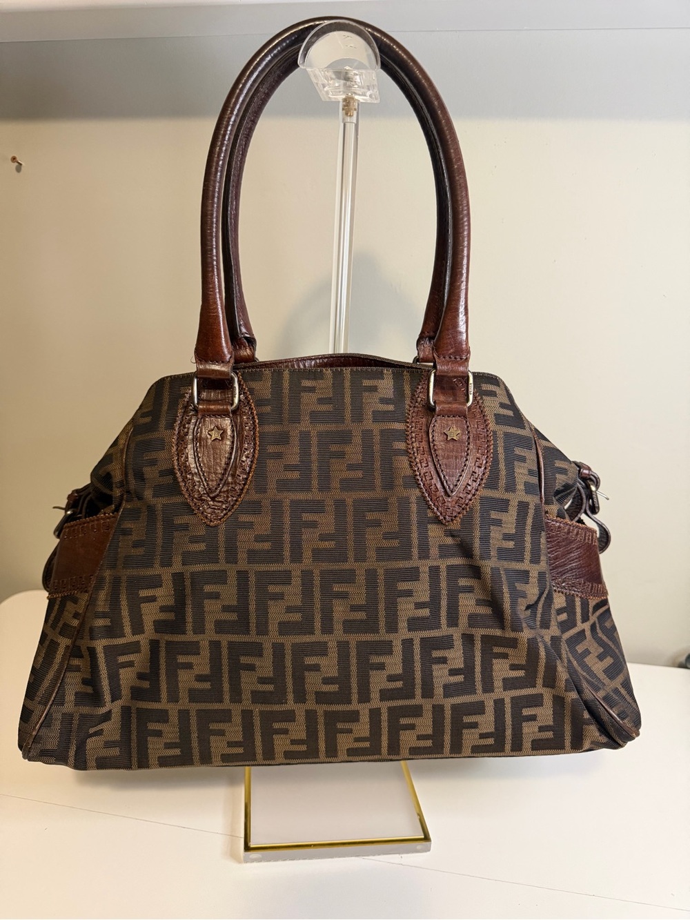 Fendi Brown Zucca Monogram Satchel with Dark Brown Leather Handles